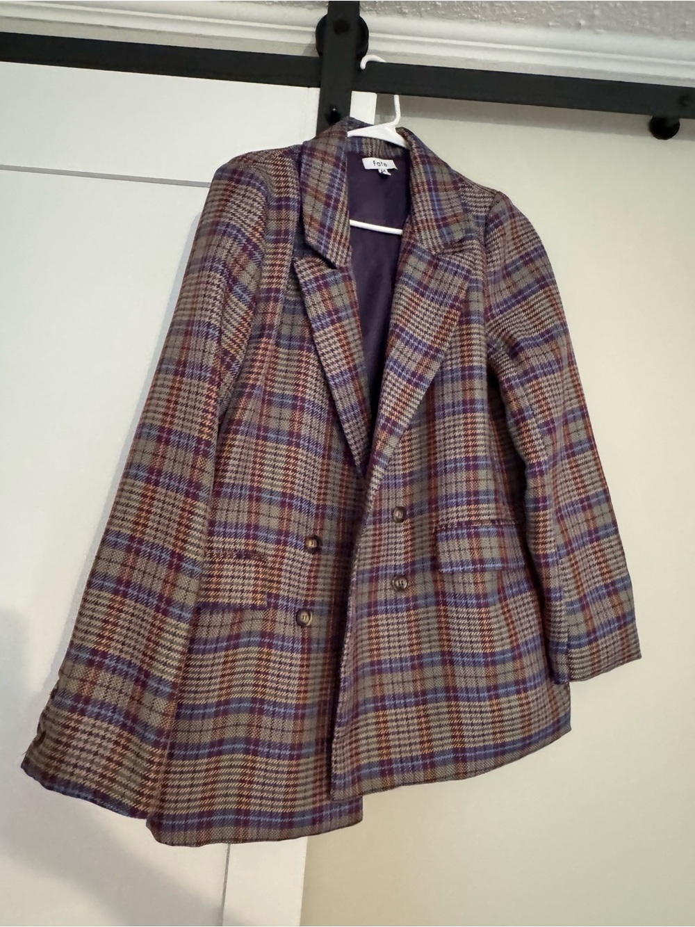 Fate Double-Breasted Plaid Blazer Jacket - Purple, Brown